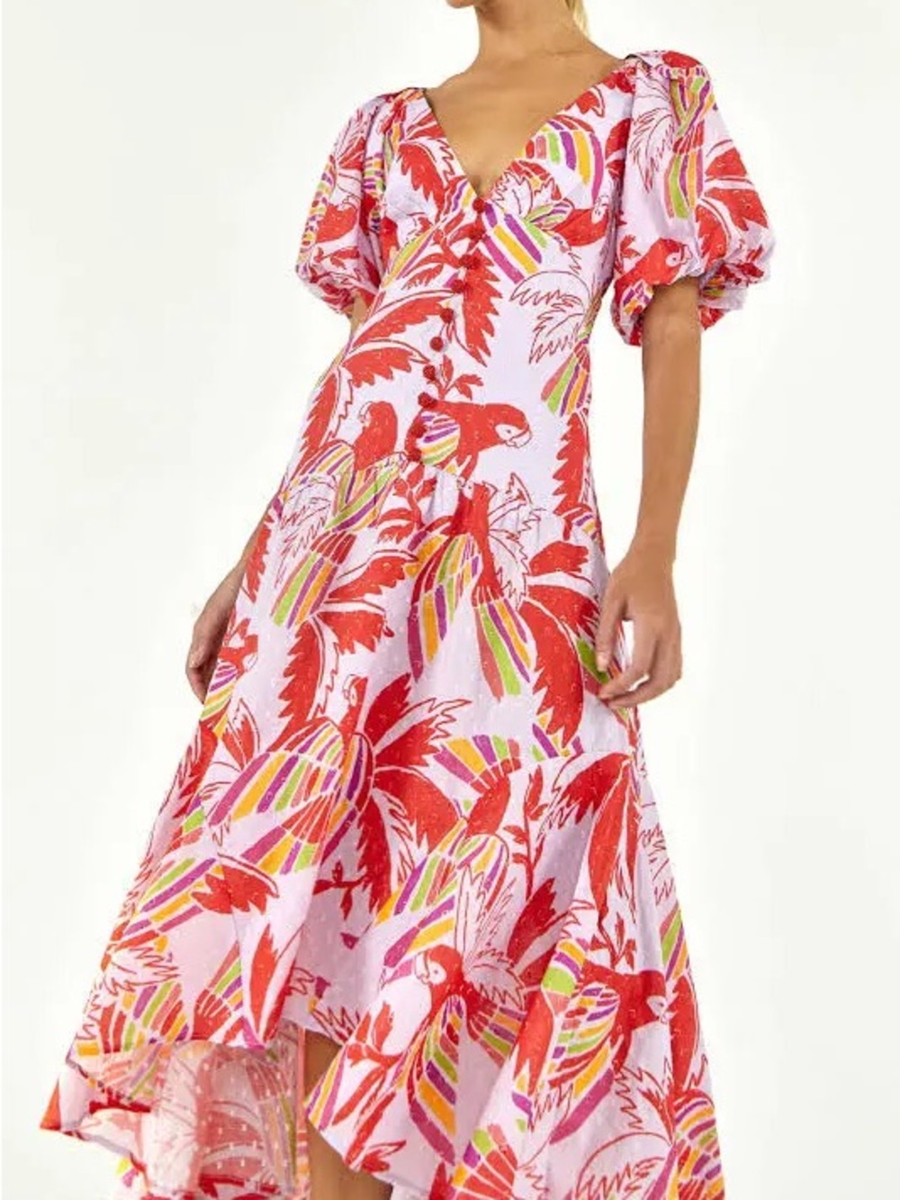 Farm Rio Red Parrot-Print Puff-Sleeve Midi Dress - Women